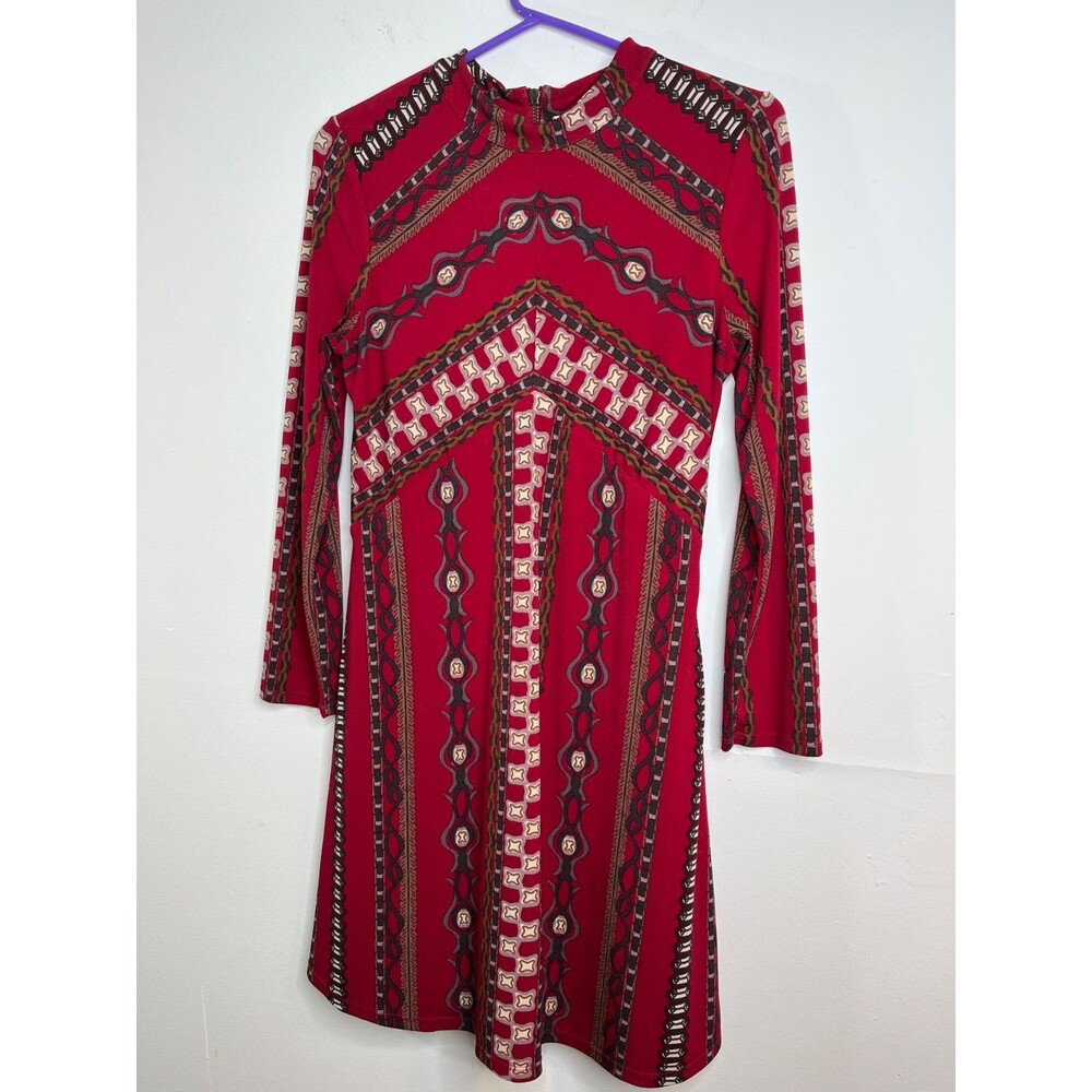 Free People Stella Printed Red Mock Neck Long Sleeve Boho Dress Size Small Flare